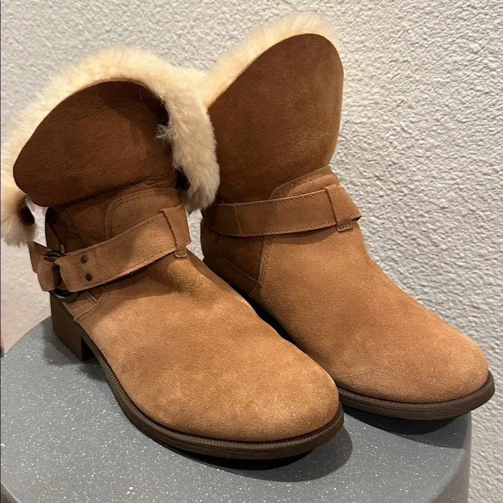 UGG Tan Suede Ankle Boots with Fur Lining